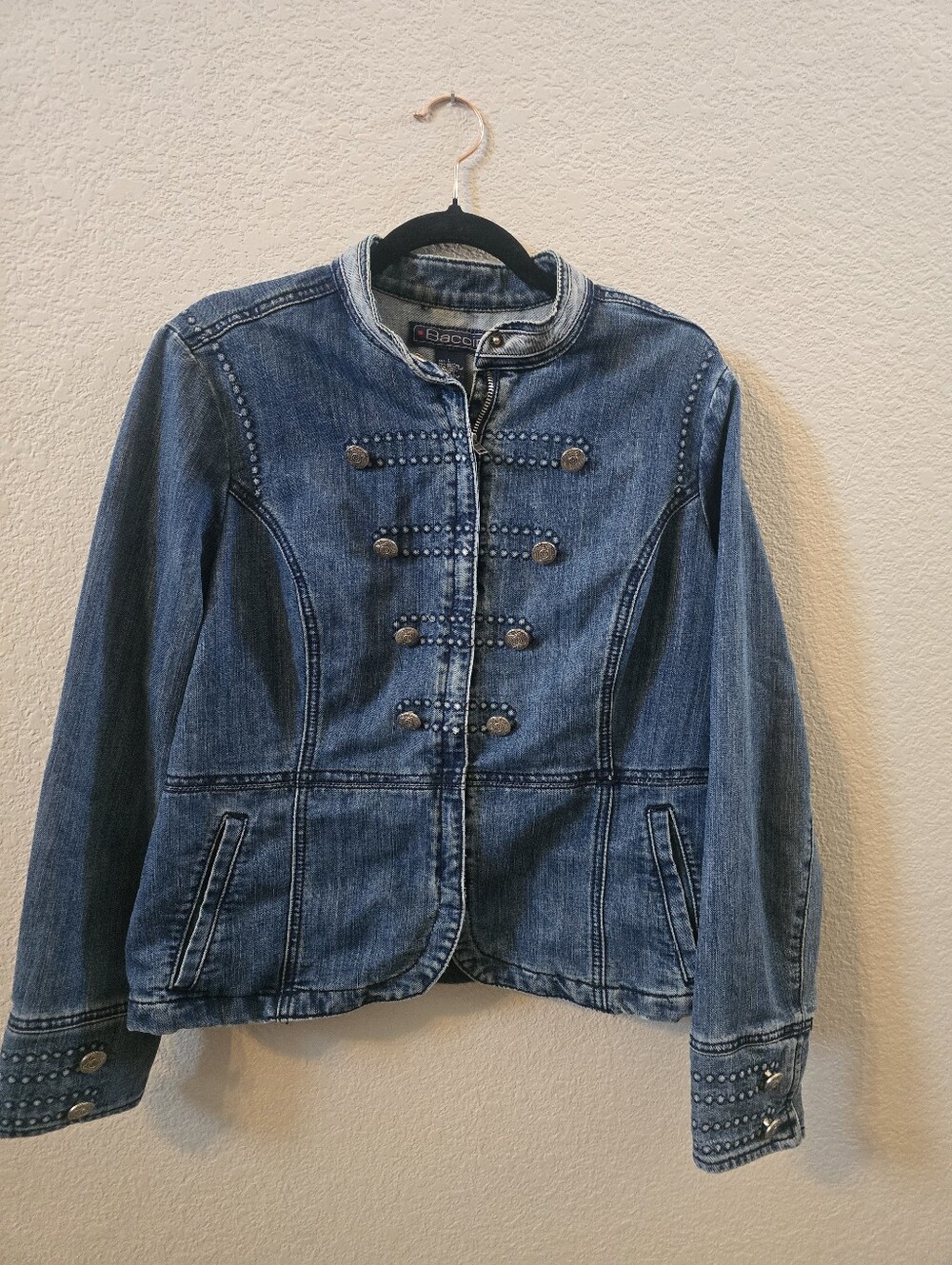 Baccini Military Style Full Zip Blue Jean Denim Jacket Size L Buttons Textured